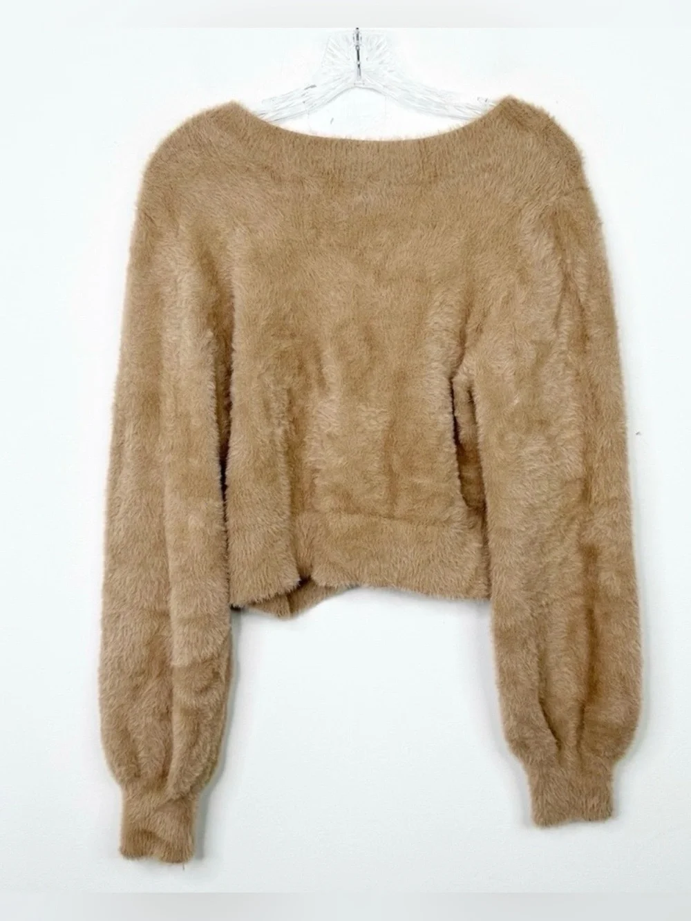 SUNDAY BEST Teddy Bear Kitten Fuzzy V-Neck Sweater Cropped Balloon Sleeves Large